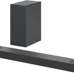 Barre de son LG DS75 et son caisson de basses sans fil en coloris acier foncé sur meuble TV